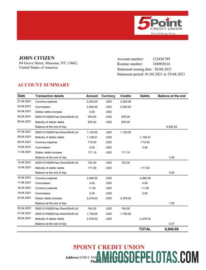 USA Texas 5Point Bank Excel amostra